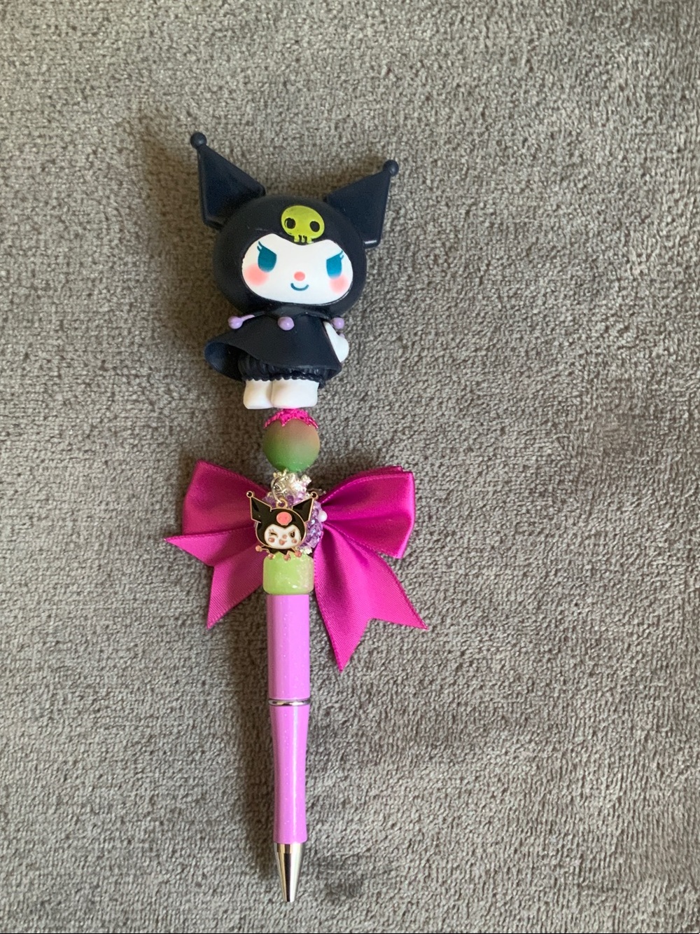 Pink and Black Kuromi-Inspired Decorative Pen with Bow